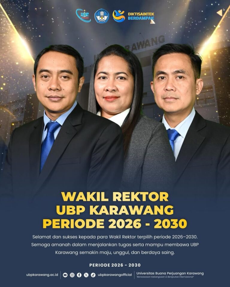 🎉 Selamat dan Sukses! Rektor dan Civitas Akademika Universitas Buana Perjuangan Karawang mengucapkan selamat dan sukses kepada para Wakil Rektor terpilih Periode 2026–2030.